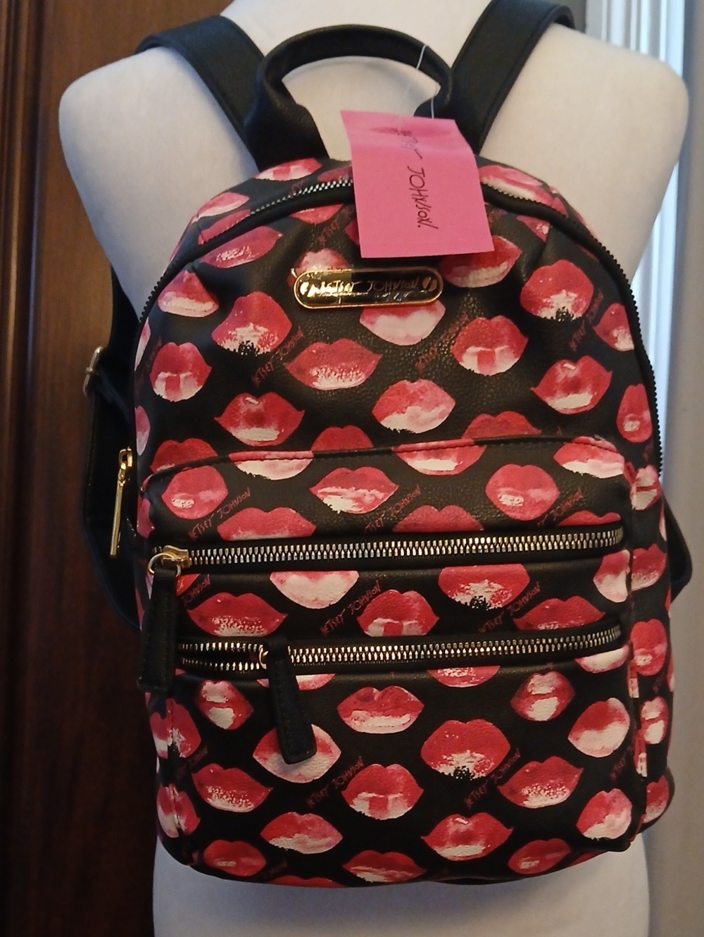 Betsey Johnson Black Backpack with Red & Pink Lip Print